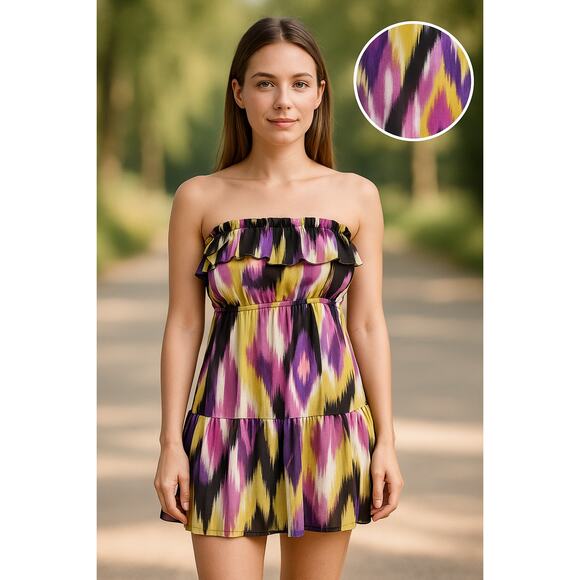 2B Bebe Graphic Neon Ruffle Strapless Mini Dress XS Y2K Bright Party Cute Fun - Picture 2 of 10